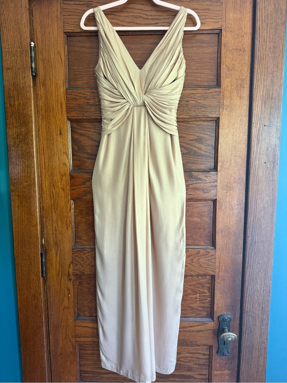 VINTAGE KAY UNGER 100% Silk Metallic Gold Goddess Maxi Dress Sleeveless Twist 2